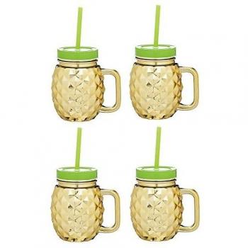 BarCraft Pineapple Design Glass Drinking Jars with Straws, 500 ml