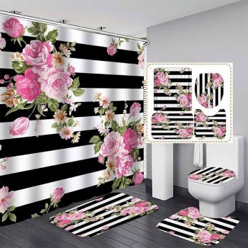 4PCS Polyester Bathroom Rug Set with U-Shaped Mat and Toilet Lid Cover