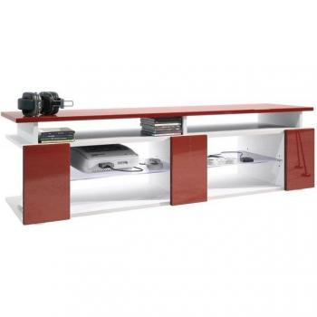Vladon MediaBoard V2 – 139 × 39 × 39 cm, blanc mat, surfaces bordeaux haute brillance, LED blanc intégré