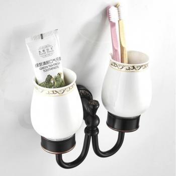 Soporte Dual Antiguo de Pared con Detalle de Latón y Vidrio – Accesorio de Baño F8308