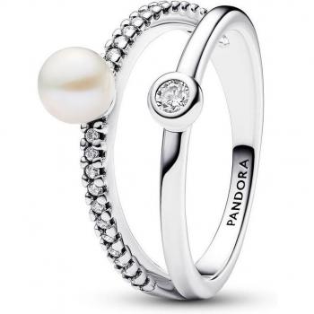 Anillo Pandora Timeless con perla cultivada de agua dulce y doble banda en pavé