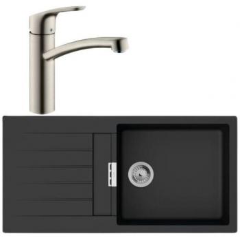 Evier cuisine 1 bac Hansgrohe S52 synthèse noir, robinet Focus M41 acier inox