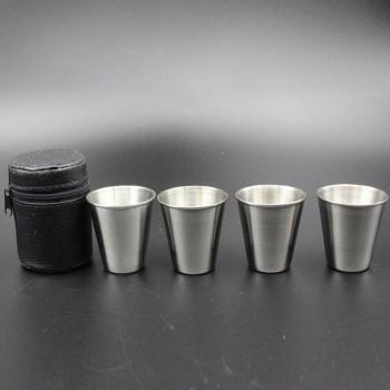 Set of 4 Stainless Steel Shot Glasses with Black Leather Pouch (70ml)