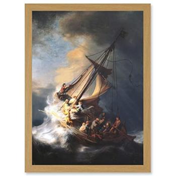 A4 Rembrandt Stormy Lake of Galilee Sailing Ship Framed Canvas