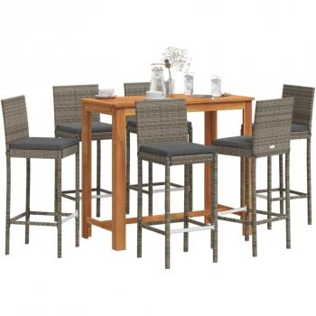 7-Piece Grey Acacia Wood and Poly Rattan Patio Bar Set