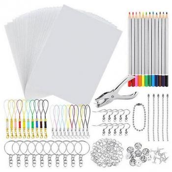 Paquete de 198 hojas Shrinky Art Paper con plástico contraíble, punch, llaveros y lápices para proyectos DIY;