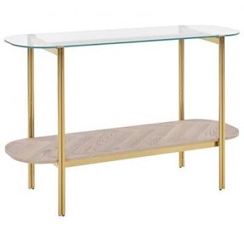 Consola Lovell de vidrio templado y estructura metálica con estante de madera clara dorada