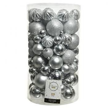 Silberne Weihnachtskugeln 100er Set aus Kunststoff, 4-8cm Mix