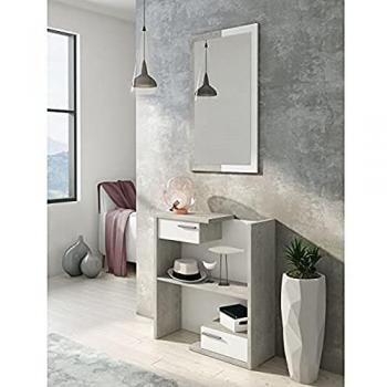 Mueble aparador alto con 2 puertas y estantes, 105x42x143 cm, color blanco y cemento