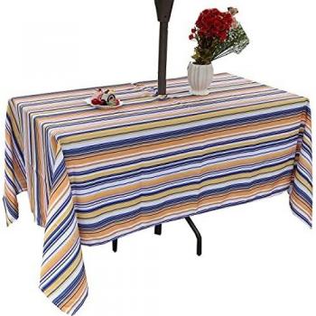 Eternal Beauty 152x305cm Blue & Yellow Stripe Tablecloth with Umbrella Hole