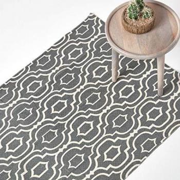 Riga 100% Cotton Geometric Printed Patterned Rug, Grey and White, 120 x 170 cm