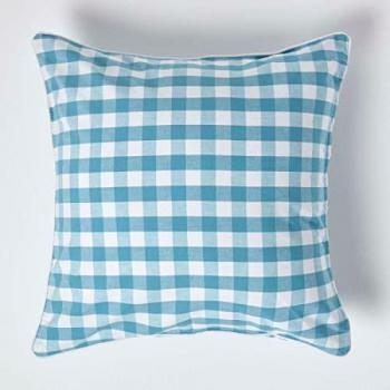 Homescapes Blue Block Check Pattern Cotton Gingham Cushion Cover, 100% Cotton, 60 x 60 cm