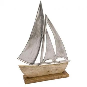 Maritimes Aufstellungs-Set: Alu-Boot mit Mangoholz‑Standfuß (40 cm) für Küsten‑Dekotisch