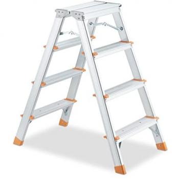 Double-Sided Aluminium Step Ladder, Folding, 4 Treads, 150 kg Capacity, Silver/Orange