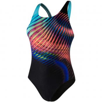 Speedo Lightswirl Placement Digi Powerback Maillot de Bain Femme, LGT Swrl Noir/Aqua Splash/Bright Zest/Lava Red, 34