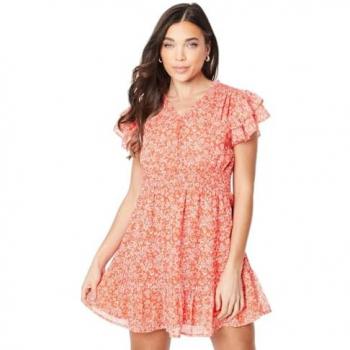 Oasis Petite Ditsy Chiffon Shirred Detail Frill Sleeve Mini Dress Red 18