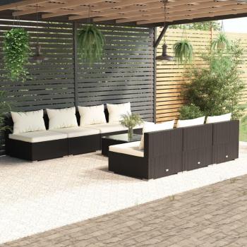 8-Piece Garden Lounge Set in Black Poly Rattan with Cushions