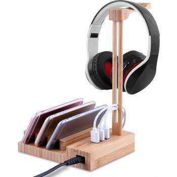 USB Wooden Headphone Stand with 3 USB Ports