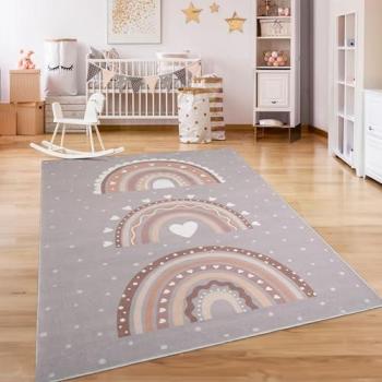 Teppich Kinderzimmer Kinderteppich Kurzflor Rutschfest Herzen Sonne Regenbogen 240x340 cm, Grau-Beige