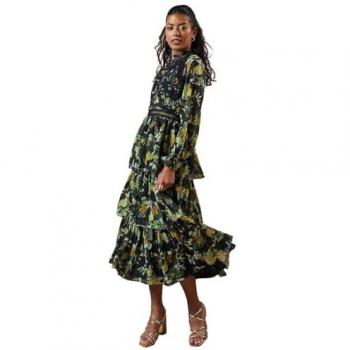 Floral Lace Trim Petite Midaxi Dress in Black