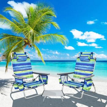 AquaStride Folding Beach Chair & Table Kit – Green/Blue Stripes