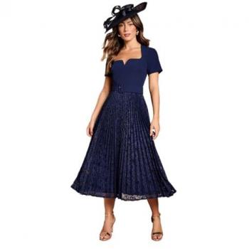 Coast Navy Midi Dress, Crepe Fabric, Lace‑Detailed Pleated Skirt