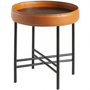 Table d'angle en bois noyer et acier noir avec revêtement en cuir cognac