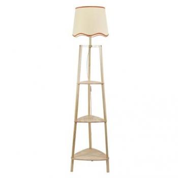 Hiru Natural 3‑Tier Shelved Wood Floor Lamp with Linen Trim & Scalloped Tapered Shade