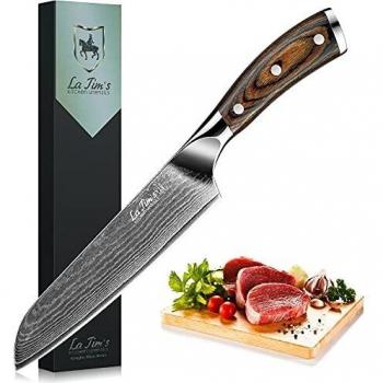 Küchenchef’s Wahl: LA TIM’S Damaskus Santoku 17,8 cm – VG‑10 Edelstahl, Musterklinge