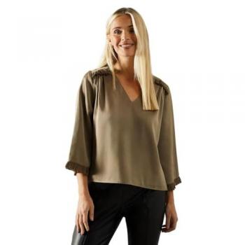 Petite Frill Detail Satin Blouse in Olive