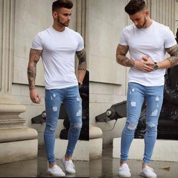 Jeans Skinny Roto con Cinta Hip Hop Azul Claro para Hombre