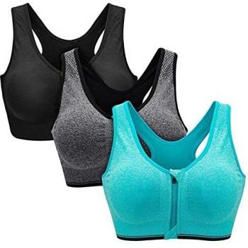 ZOEREA Soutien-Gorge de Sport Femme Zippée Devant Push Up sans Armature Noir + Gris + Vert XL (Lot de 3)