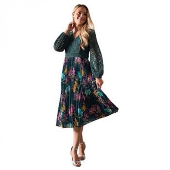 Floral Lace Pleated Midi Dress for Women
