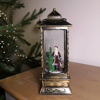 27cm Snowtime Dual Power LED Christmas Glitter Water Spinner Rustic Lantern Santa Scene