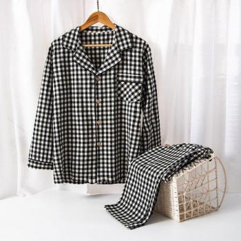 Pyjama automnal en coton lavé pour hommes, avec revers, ensemble 2 pièces
