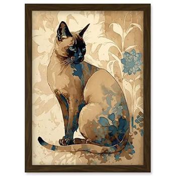 Artery8 Tonkinese Cat in Indigo Bloom – A4 Modern Watercolour Print (Brown Frame)
