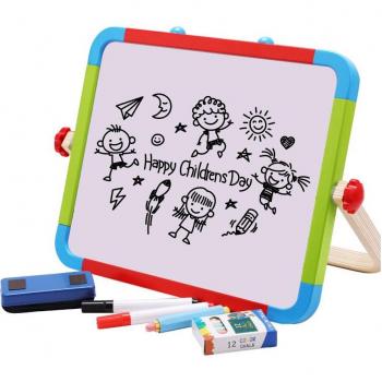 Tabletop Wooden Easel with Double-Sided Chalkboard and Dry Erase Board