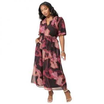 Robe Rouge à Imprimé Floral Flou avec Manches Bouffantes