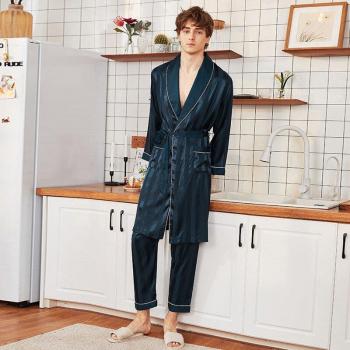 Men's Long Pajama Set with Satin Robe