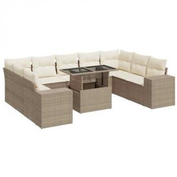Conjunto de sofás de exterior 10 piezas con cojines beige de ratán sintético