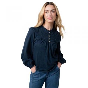 Elegant Navy Mandarin Collar Cotton Jersey Top – Luna Collection