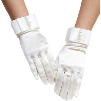 Short Satin Wedding Gloves with Pearl and Bowknot Detail