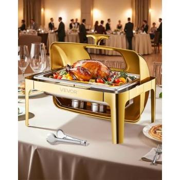 VEVOR 9‑Quart Roll‑Top Buffet Dish with Water Pan & Fuel Holder (Gold)