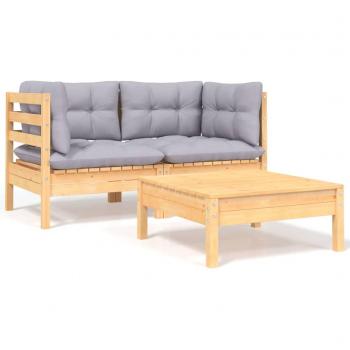 VidaXL Set di Mobili da Giardino 3 pz con Cuscini Grigi in Legno Massello