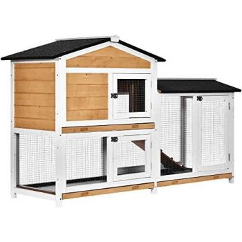 PawHut Weather Resistant 2-Tier Wooden Rabbit Hutch with Ramp, Yellow, Dimensions: 93.5cm H x 157.4cm W x 53cm D, Includes No-leak Plastic Trays, Suitable for Rabb