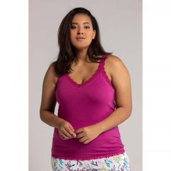Canottiera elasticizzata con pizzo, scollo a V, rosa, taglia 60/62