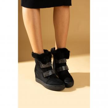 Piedisferro femminili in cuoio intrecciato, suola stabile, tacco prominente, chiusura velcro con finiture in pietra, modello 43-415-23