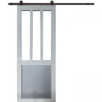 Porte Coulissante Moderne Atelier Blanc et Panneaux Gris RAL7035