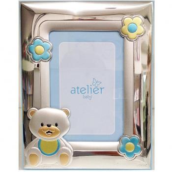 Cornice Neonato Orsetto 13x18 Celeste Legno Argento Bilamina Athelier