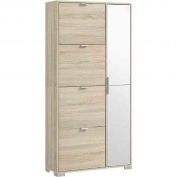 Scarpiera con Specchio per 16 Paia di Scarpe, 4 Cassetti a Ribalta e 2 Armadietti, Rovere, Dimensioni: 82x30x168cm